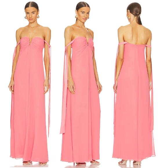 Alexis Dali Off-Shoulder V-Wire Neck Chiffon Long Dress Coral Pink Womens Size S